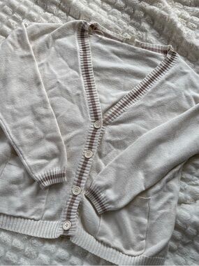 Pink Republic Cream V-Neck Button Cardigan with Tan-Trim